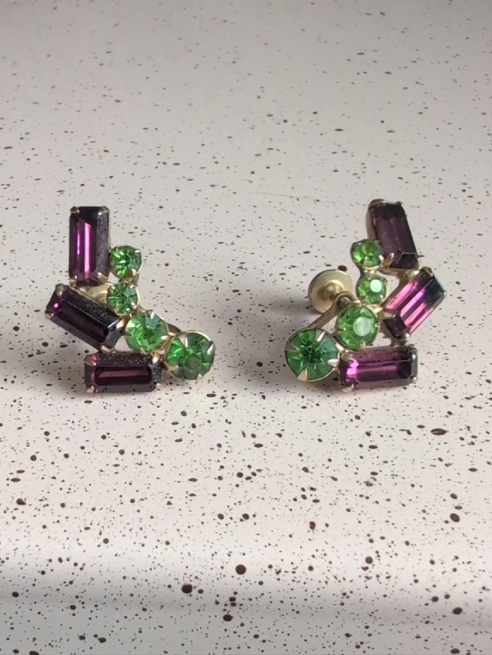 Vintage Green and Purple Crystal Screw Back Clip On Earrings